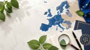 Map of Europe with kratom leaves and legal documents illustrating kratom legality in Europe