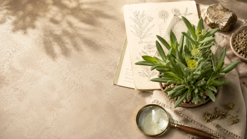 Kanna Sceletium tortuosum plant with botanical notes and dried plant material
